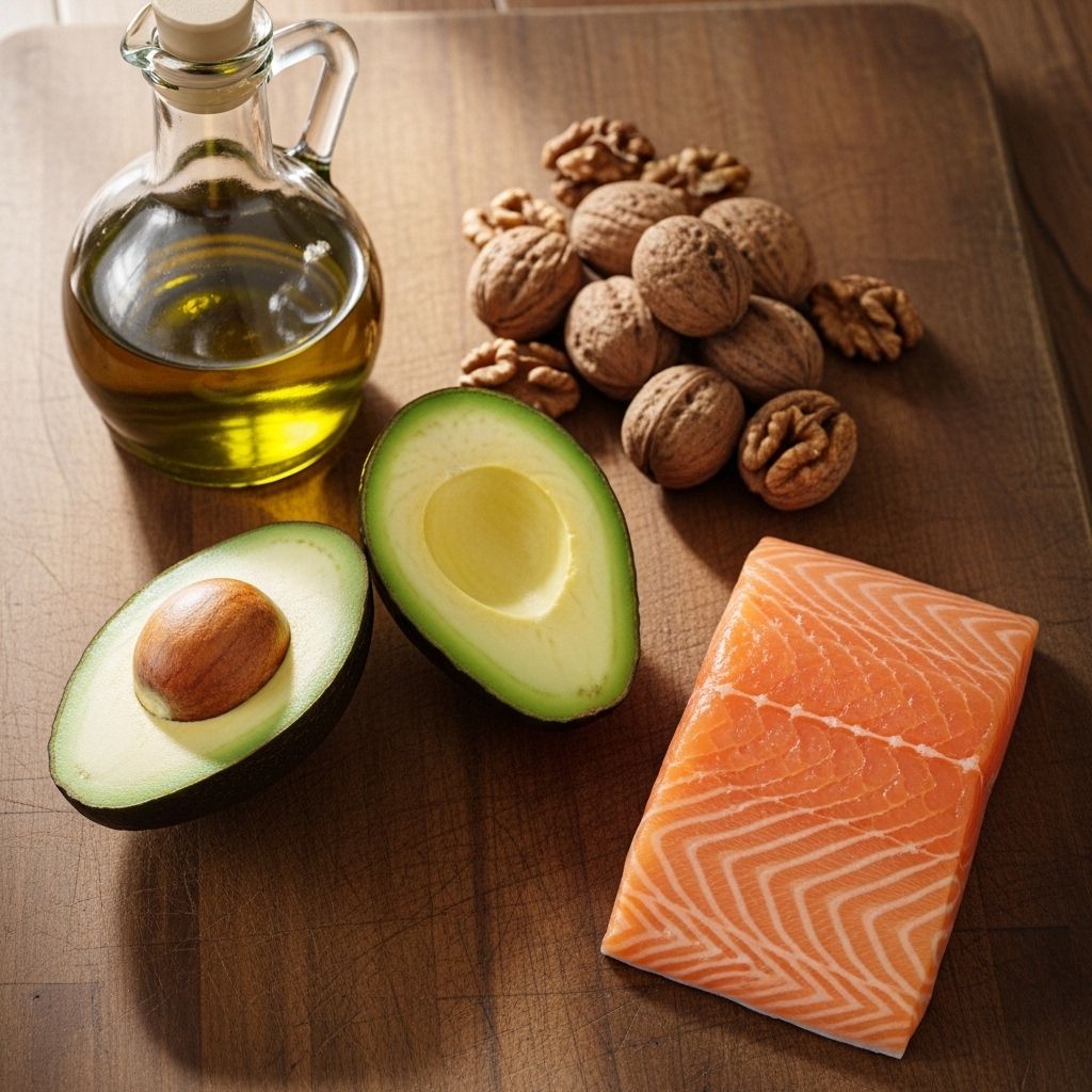 Olivolja i en glasflaska, avokado skuren i halvor, valnötter och laxfilé på ett trädskärbräde i naturligt ljus