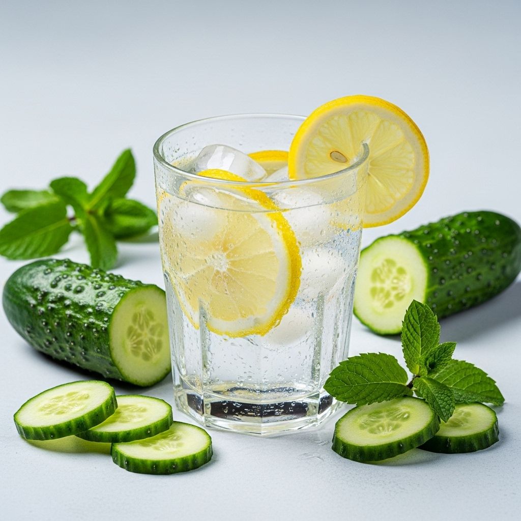 Glas med friskt vatten med isbitarna och citronskivor, omgivet av gurka och mynta på en ren ljus bakgrund som symboliserar hydrering