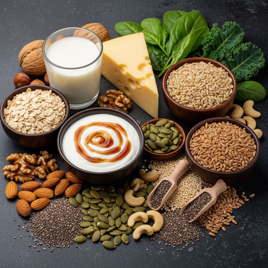 Naturliga mineralkällor i mat: mejeriprodukter, nötter, frön, gröna blad och fullkornsprodukter arrangerade konstnärligt på en mörk yta