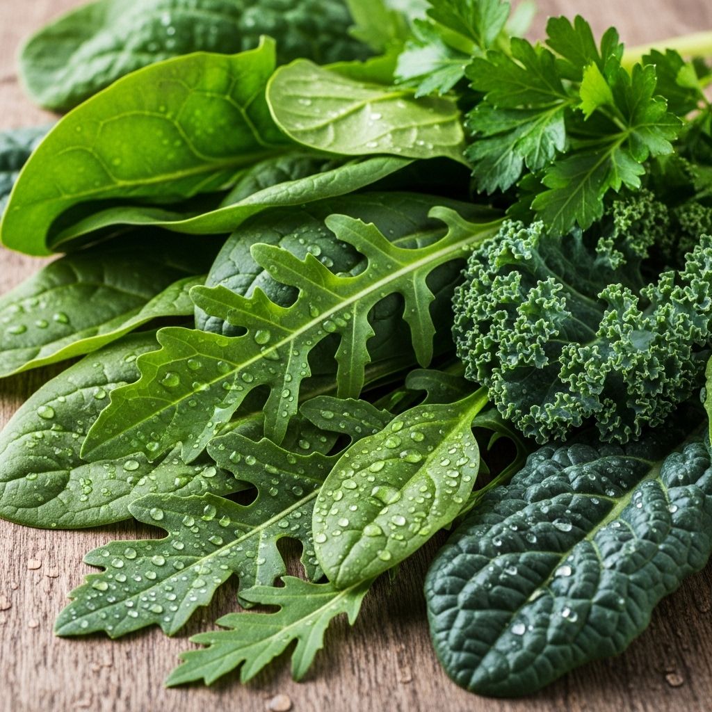 Färska gröna bladgrönsaker ordnade på ett bord: spenat, grönkål, ruccola och persilja med vattendroppar på bladen
