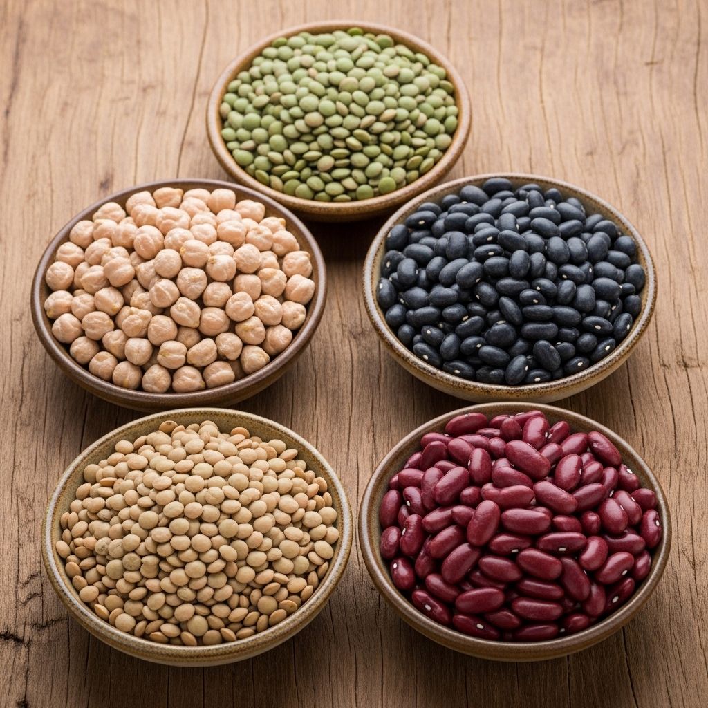 Blandning av torkade baljväxter i skålar: kikärtor, linser, svarta bönor och röda bönor på ett träunderlag