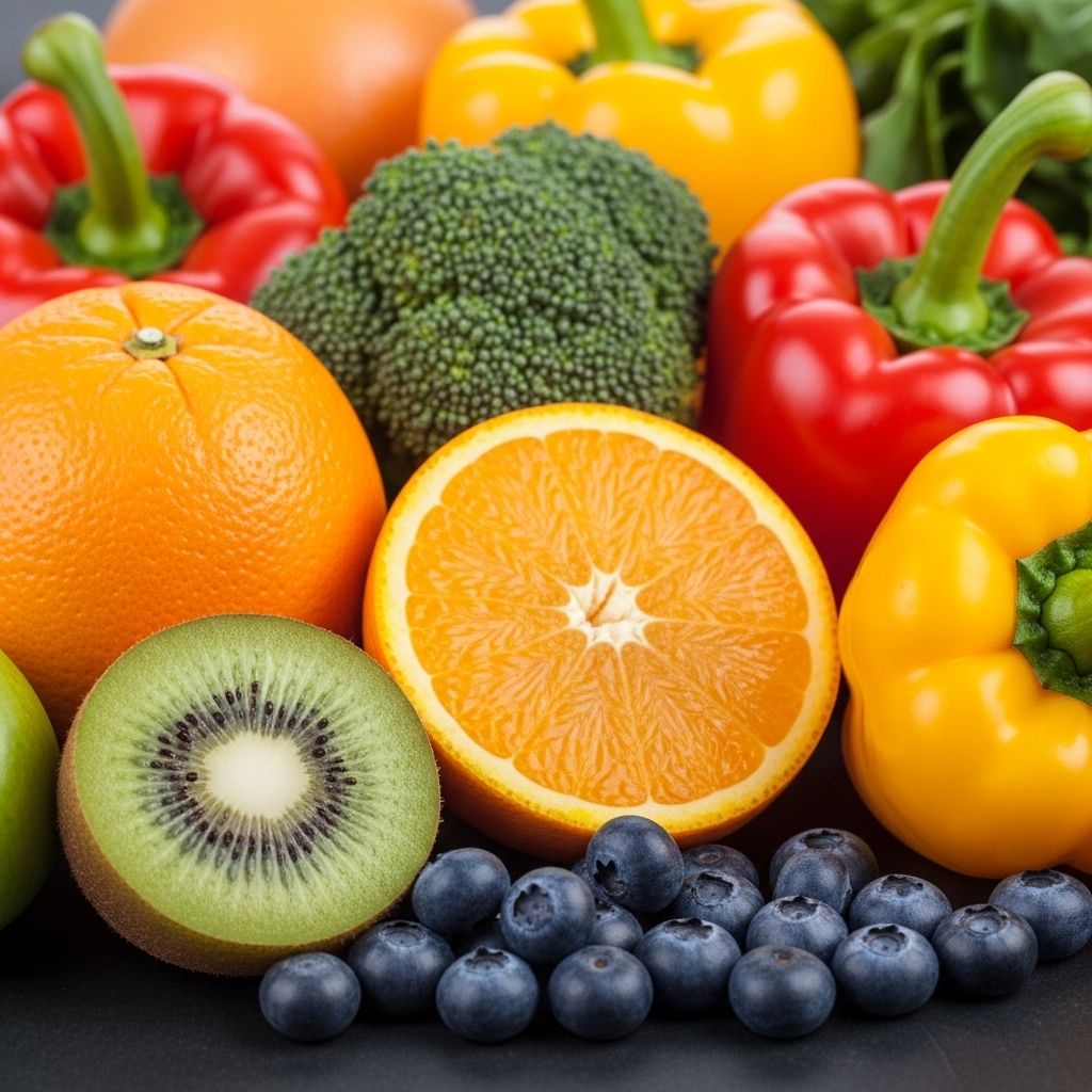 Färgglada frukter och grönsaker skärpta i närbild: apelsiner, kiwi, paprika, broccoli och blåbär som symboliserar vitaminrika livsmedel